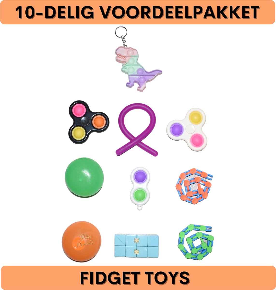 10-delig Fidget Toys pakket | VOORDEELPAKKET | pop it, sticky balls, simple dimple, wacky tracks, monkey noodle, infinity cube en spinners | cadeau onder 20 euro